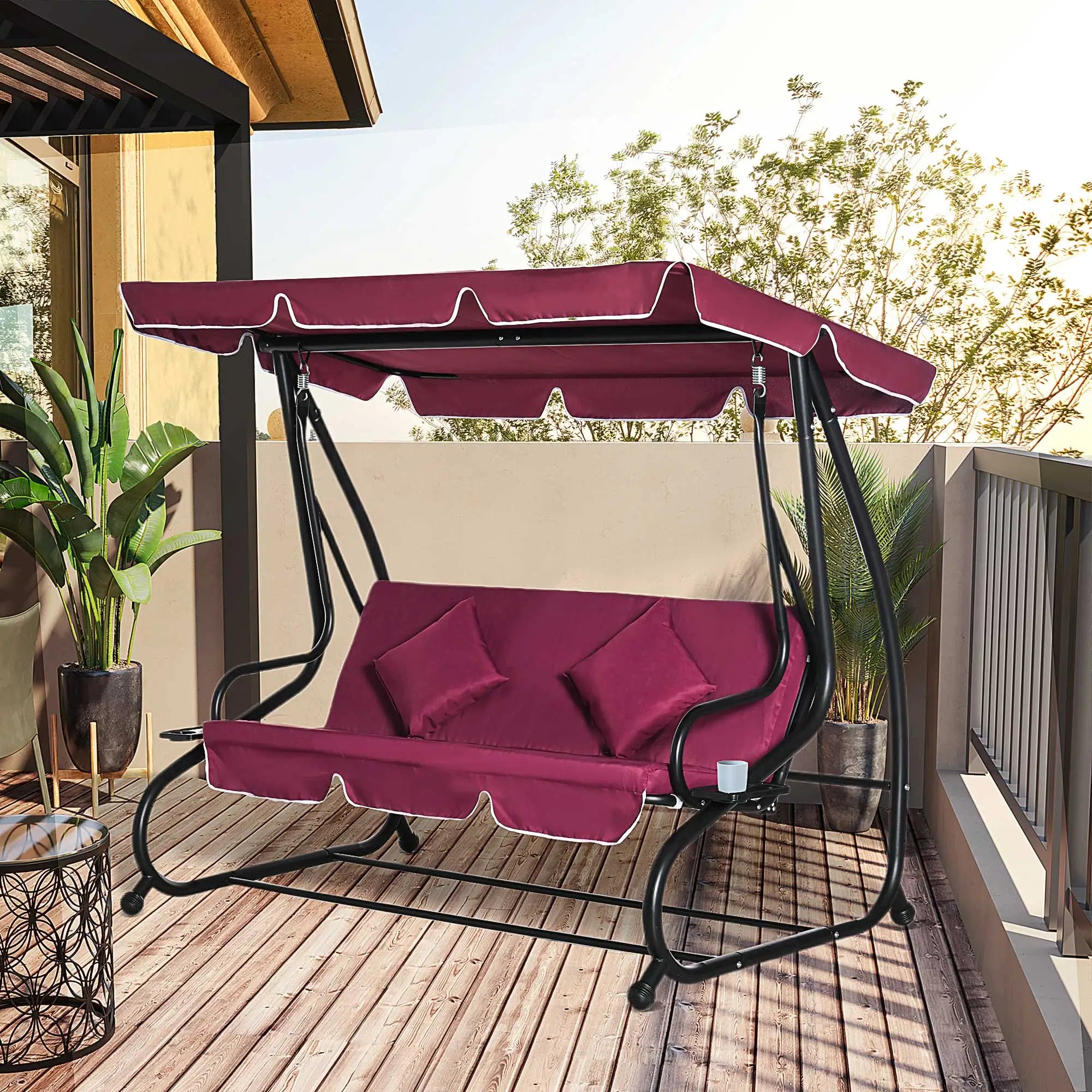 Outdoor 3-Person Patio Porch Swing Hammock Bench with Adjustable Canopy, Red