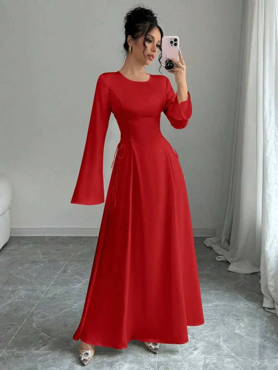 Elegant Ivory A-Line Satin Maxi Dress With Cinched Waist And Flare Sleeves