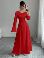Elegant Ivory A-Line Satin Maxi Dress With Cinched Waist And Flare Sleeves