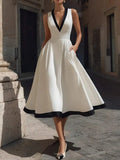 White Black Trim Sleeveless V-Neck A-Line Midi Dress For Women Elegant Simple Style