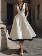 White Black Trim Sleeveless V-Neck A-Line Midi Dress For Women Elegant Simple Style