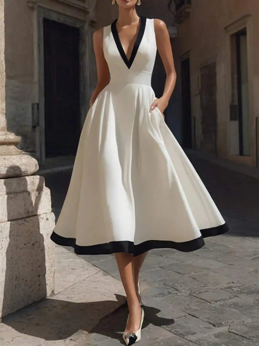 White Black Trim Sleeveless V-Neck A-Line Midi Dress For Women Elegant Simple Style
