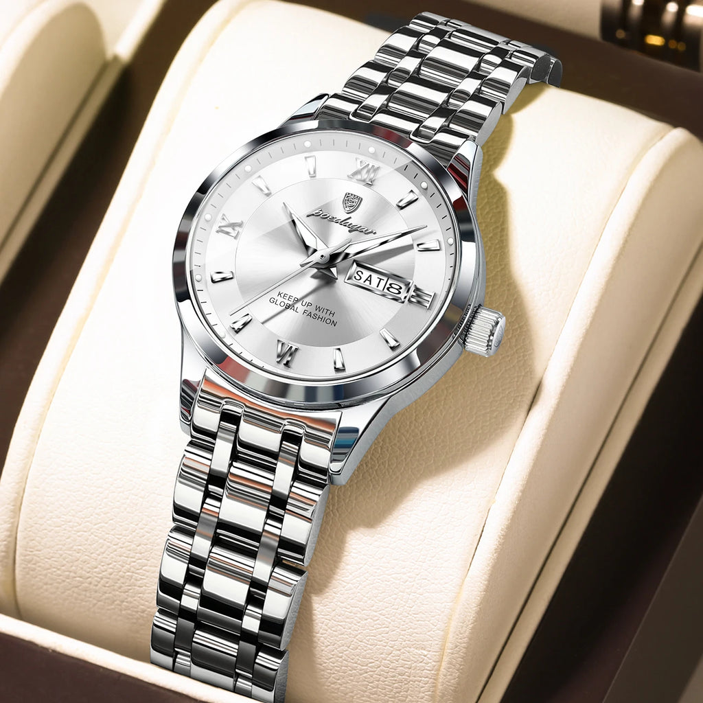 POEDAGAR Luxury Fashion Woman Watch Luminous Waterproof Stainless Steel Ladies Wristwatch Quartz Week Date Elegant Woman's Watches Male Reloj