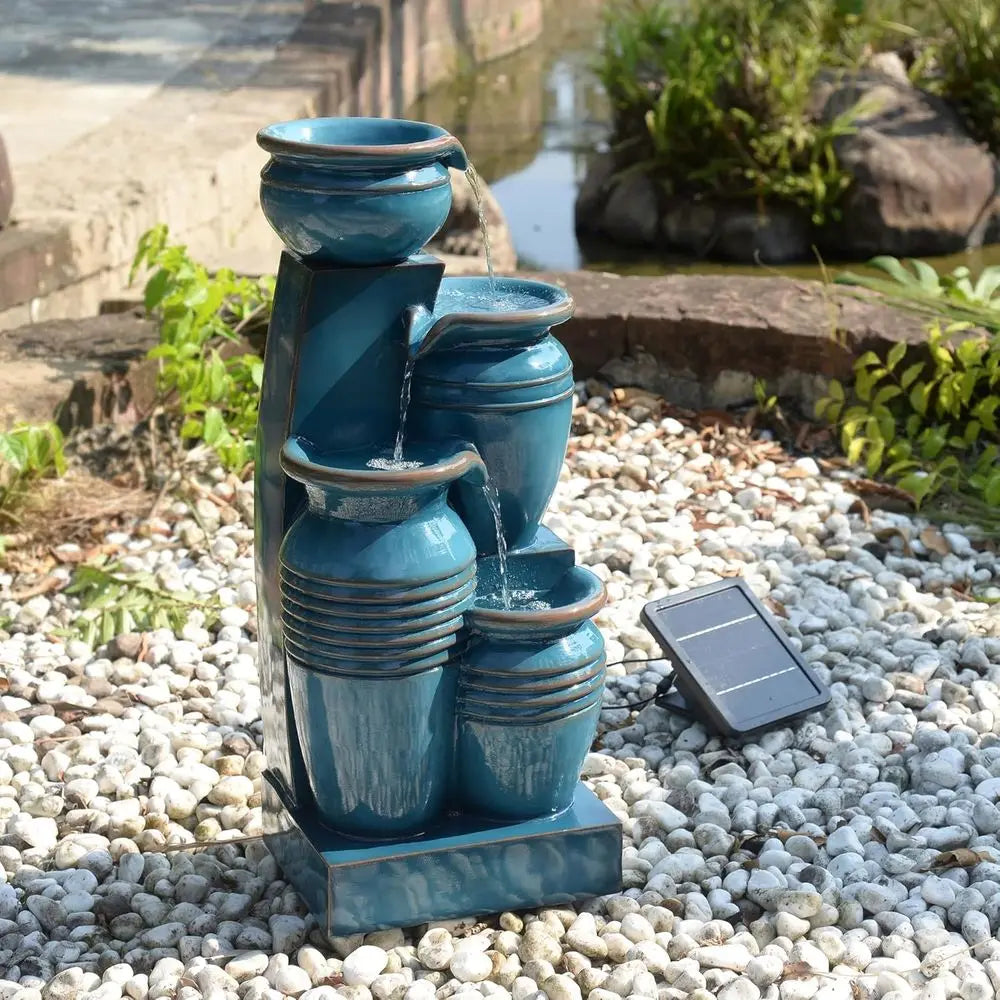 4-Tier Cascading Bowl Fountain with LED Lights for Gardens, Lanai, Patios, Balconies, Lawns in Blue