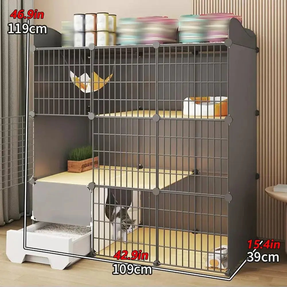 Indoor Metal Pet Playpen with Litter Box, Climbing Ladder, and 360° Wheels (42.9x15.4x46.9in)