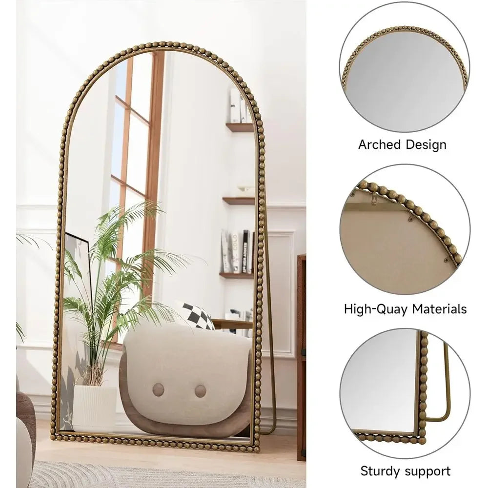 65 x 35 Arched Vintage Floor Mirror with Stand, Elegant Gold-Toned Full-Length Mirror for Living Room, Bedroom, or Dining Area