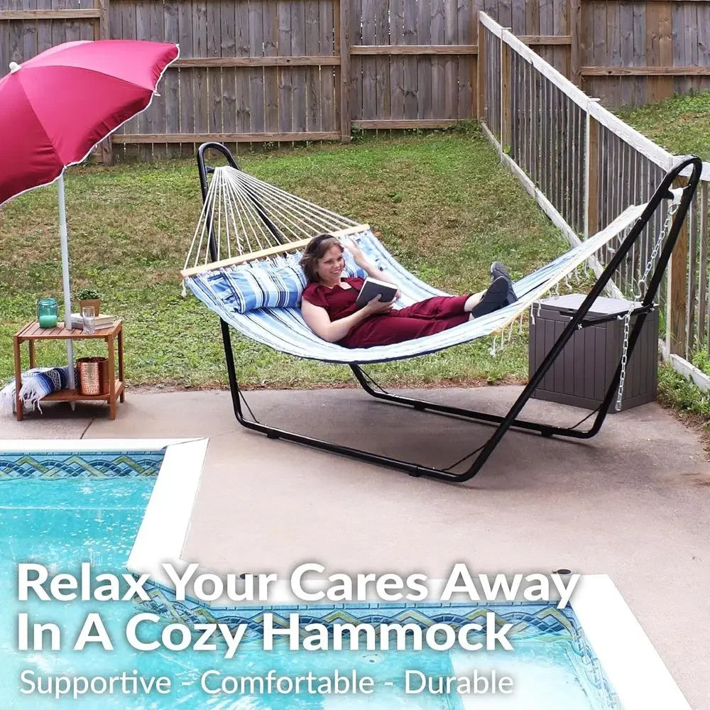 Double Hammock with UV-Resistant Fabric and Stand - 440 lbs Capacity, Quick Dry, Pillows and Chains Included, Misty Beach Style