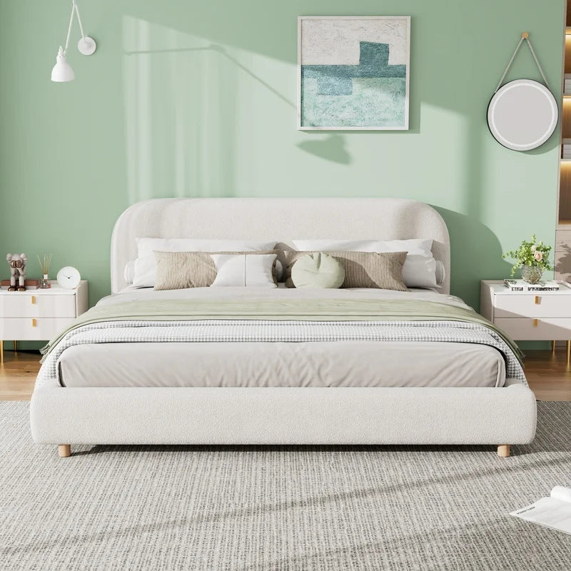 White King Size Upholstered Bed with Curved Headboard and Solid Wood Legs