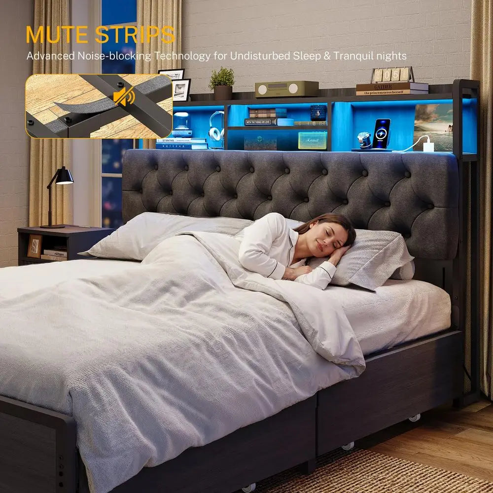 Full Size Bed Frame with Storage 4 Drawers amp LED Lights, Upholstered Headboard with Shelves and Built in Charging Station, Me