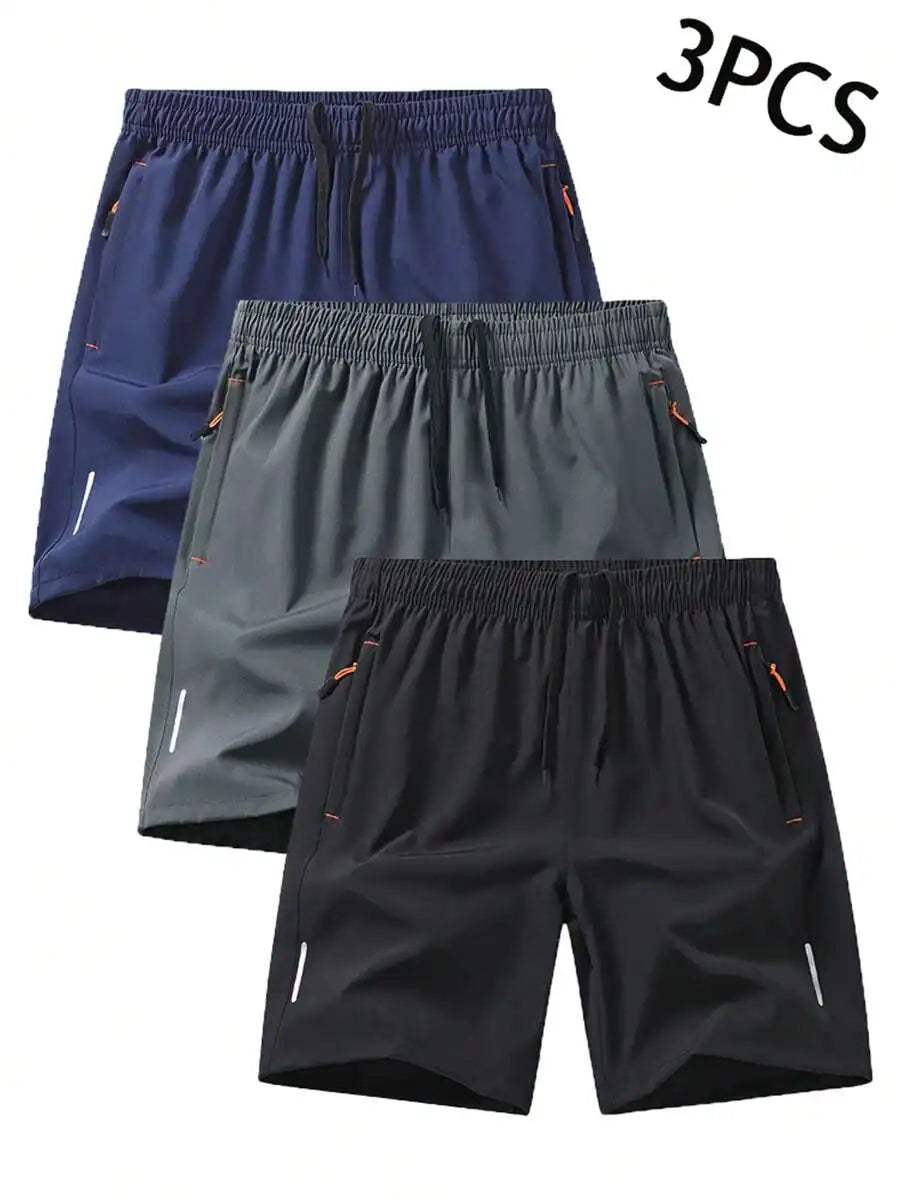 3 Pcs Mens Summer Drawstring Sports Shorts With Zipper Pockets Breathable Quick Dry For Running Hiking
