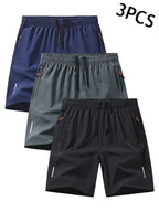 3 Pcs Mens Summer Drawstring Sports Shorts With Zipper Pockets Breathable Quick Dry For Running Hiking