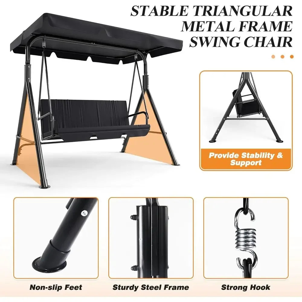 Durable Adjustable 3-Seat Patio Swing Chair for Outdoor Porch, Garden, and Poolside (Black)