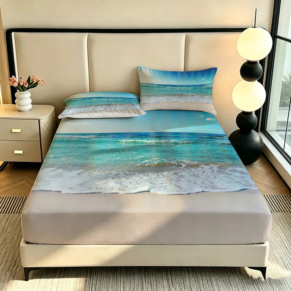 3pcs blue ocean Printed Coreless Bed Sheet Summer Set Multi Size Comfortable Bedding Decoration Machine Washable