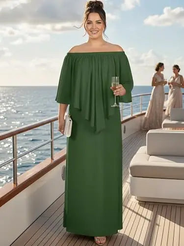 Women Plus Size Off Shoulder Long Maxi Dress Batwing Sleeve Chiffon Formal Wedding Guest Evening Party Gown