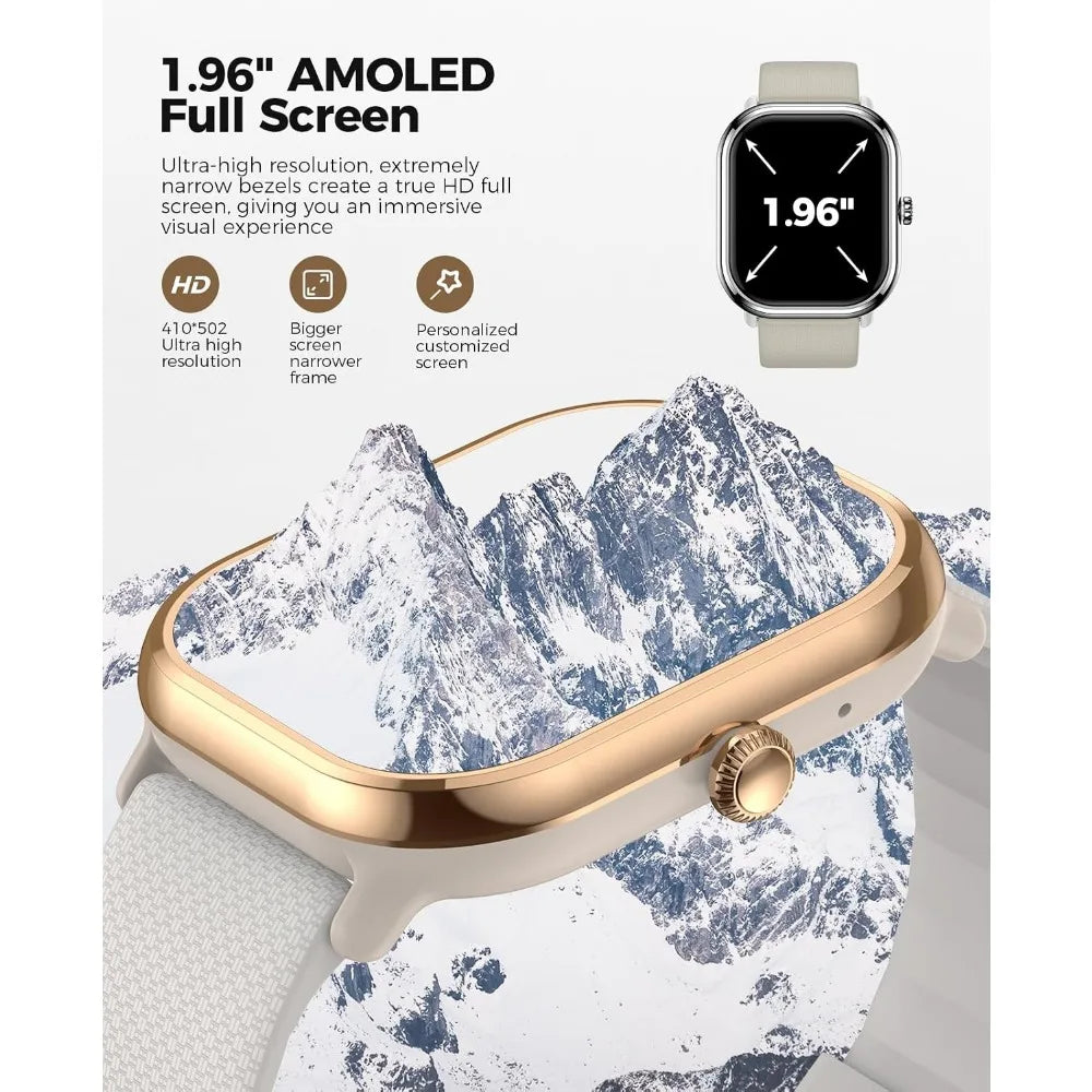 1.96" AMOLED Smartwatch for Women with 100+ Sport Modes, IP68 Waterproof Fitness Tracker Compatible with iOS and Android