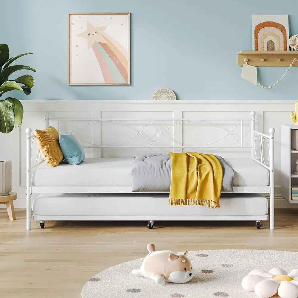 Modern White Twin Daybed with Trundle and Metal Frame, Multifunctional Bedroom Daybed Sofa Bed with Steel Slat Support