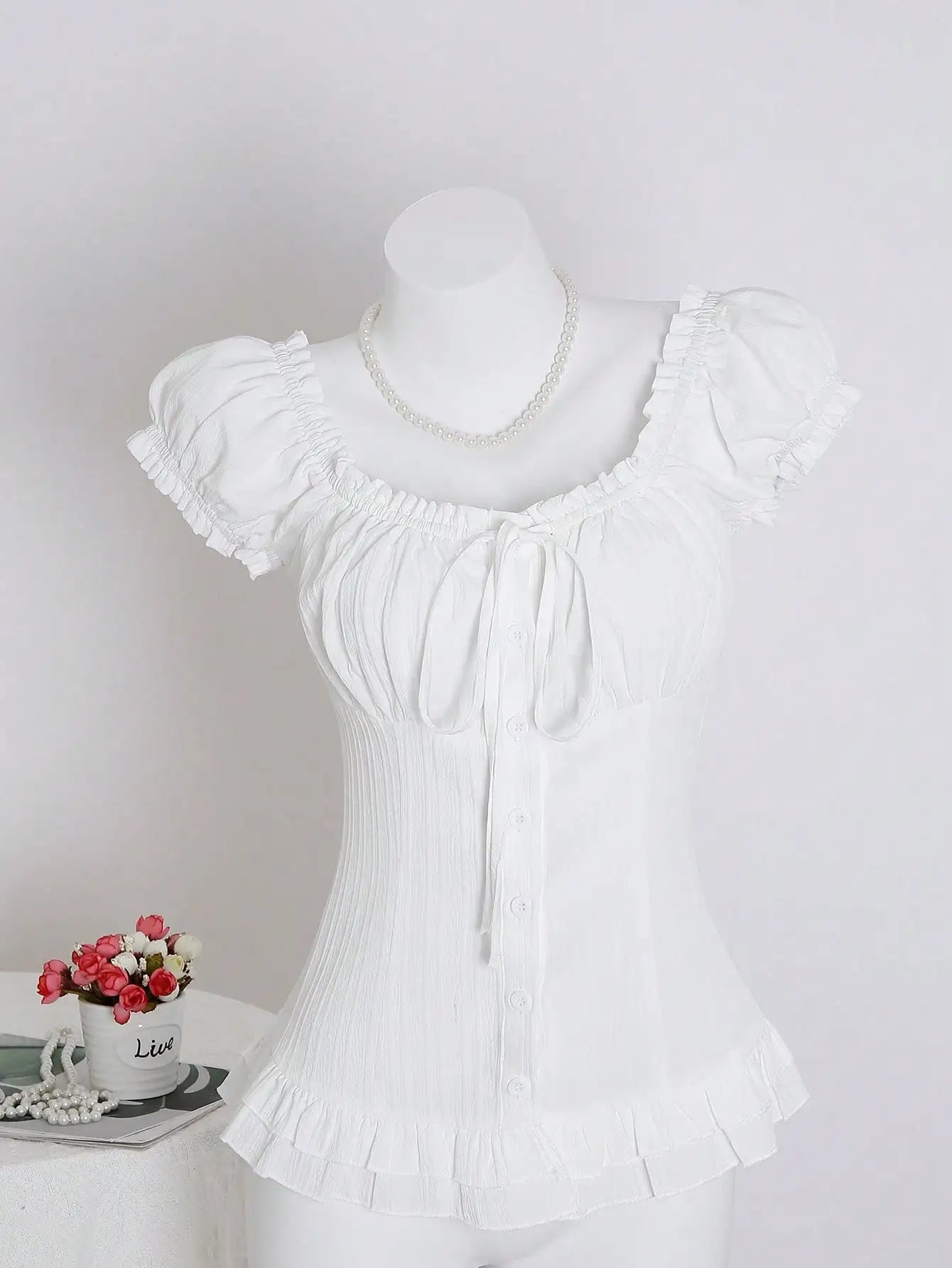 Womens Summer Solid White Ruffle Short Sleeve Blouse