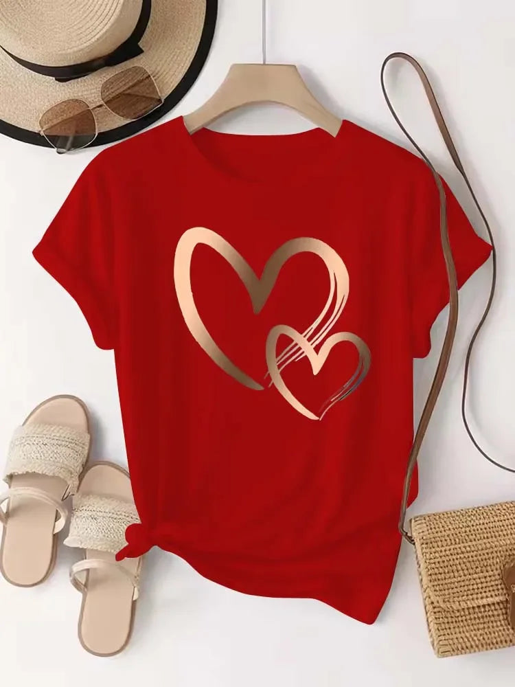 Summer New Fashion Women's Heart Printed T-shirt Trendy Casual Round Neck Top Short Sleeves Women T-shirt