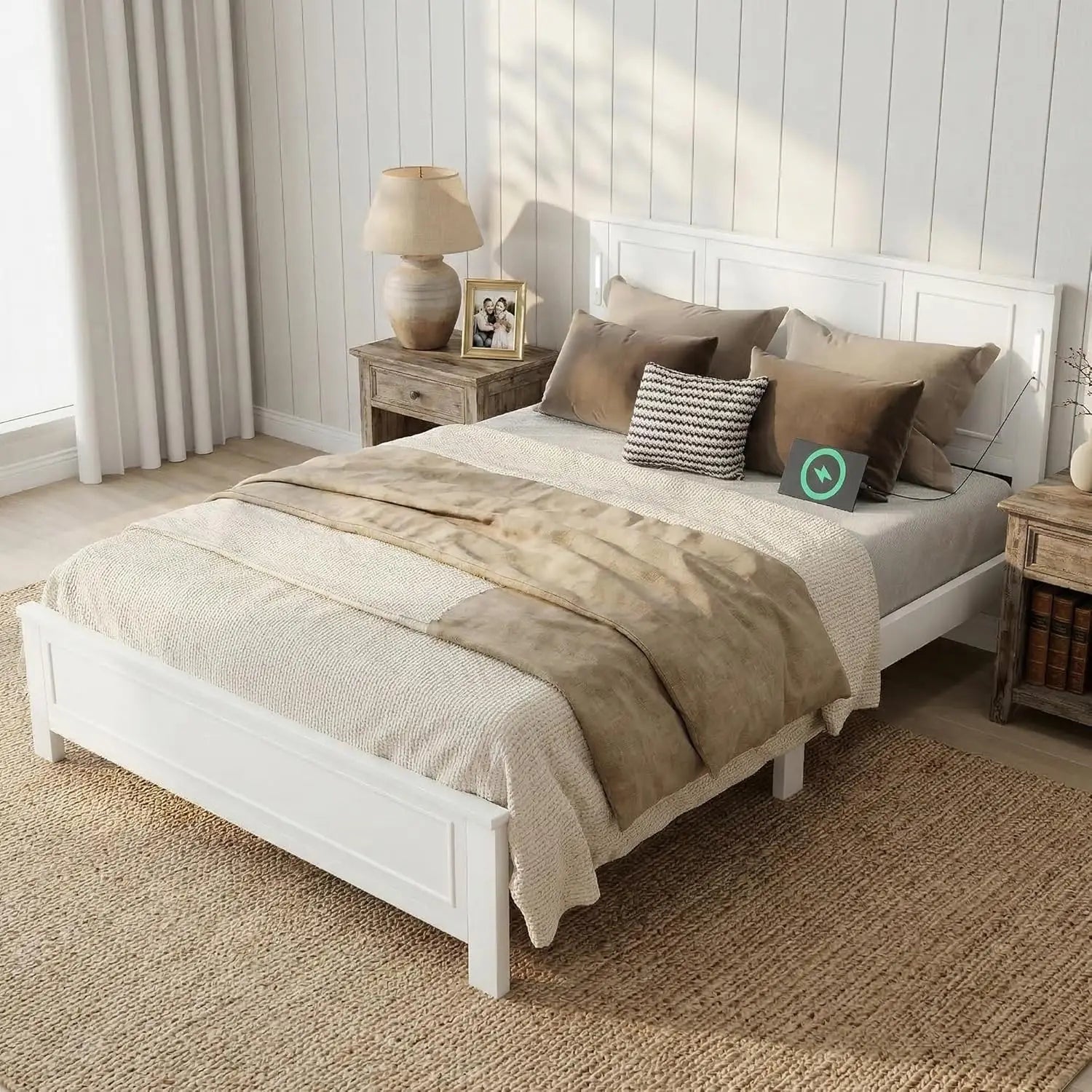 Farmhouse Queen Platform Bed Frame 46" Tall Headboard Solid Wood 2 Storage Drawers LED USB Charging No Box Spring Walnut Custom