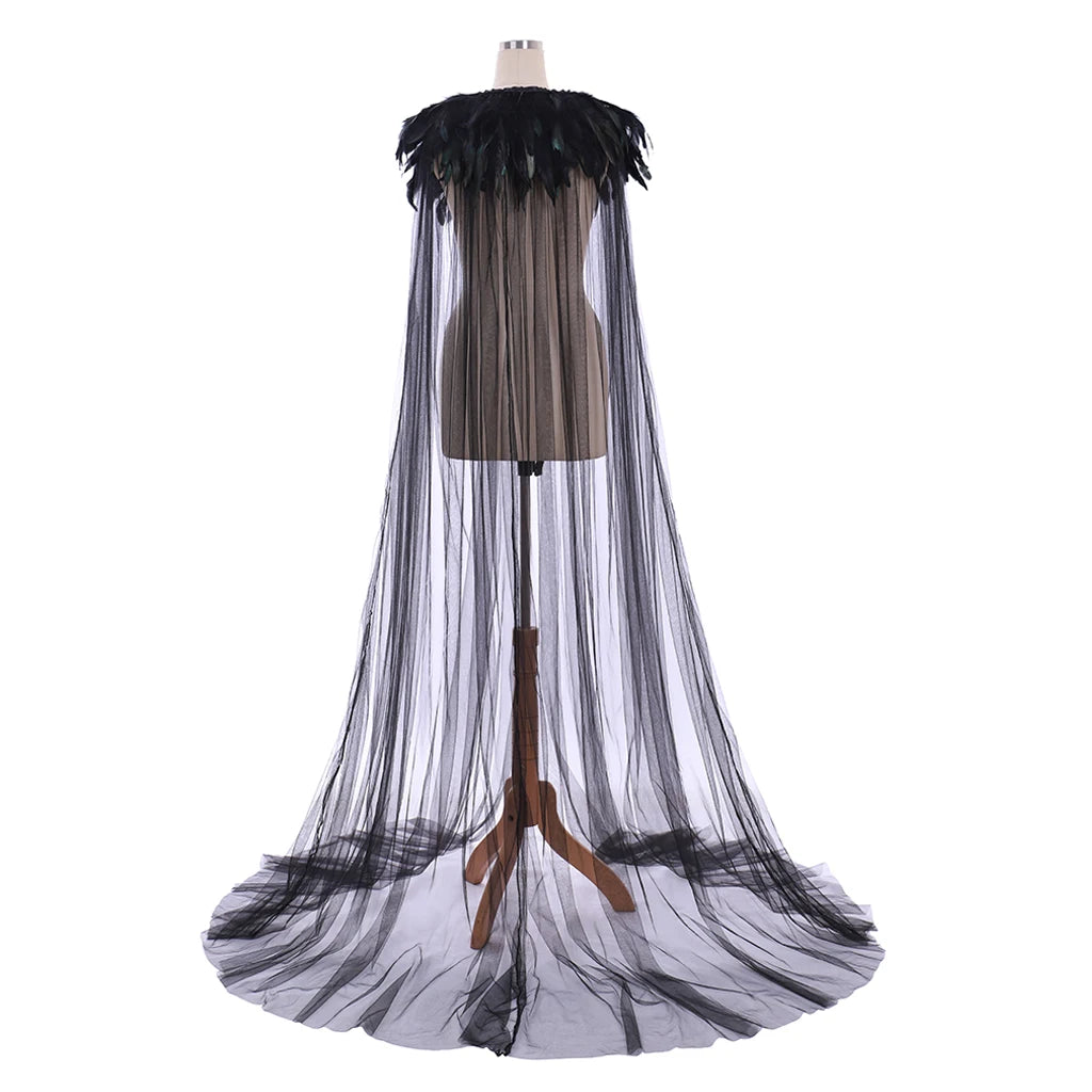 Gothic Black Feather Cloak Unisex Medieval Cape Shawl Mesh Festival Rave Role Playing Cosplay Costume Carnival cloak
