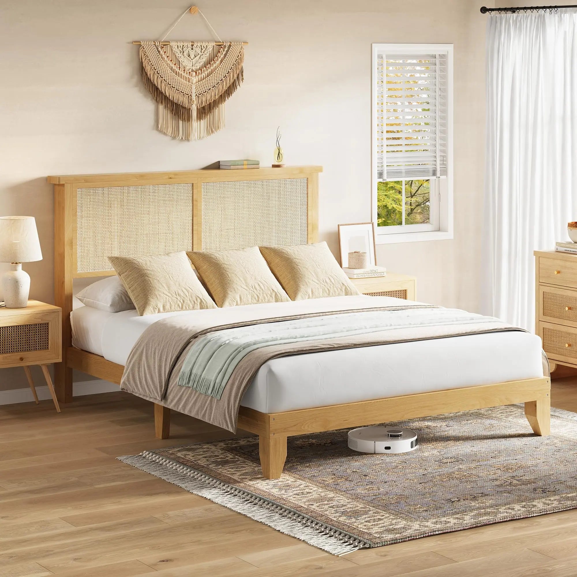 Queen Size Rattan Bed Frame with LED Lights, Boho Platform Bed with Rattan Headboard, Wooden Slats Support, No Box Spring Needed, Noise-Free, Easy Assembly, for Bedroom
