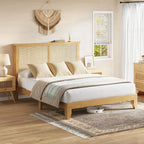 Boho Style Rattan Bed Frame with Natural Headboard & RGB LED Lights - Storage Headboard, Plain Wood Platform, Noise-Free Slats, No Box Spring Needed - Full