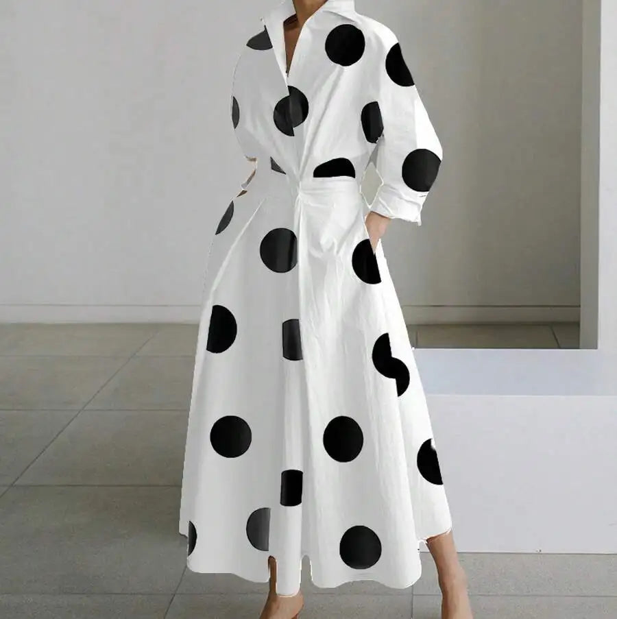 White V-Neck Long Sleeve Loose A-Line Shirt Dress Women Casual Elegant Midi