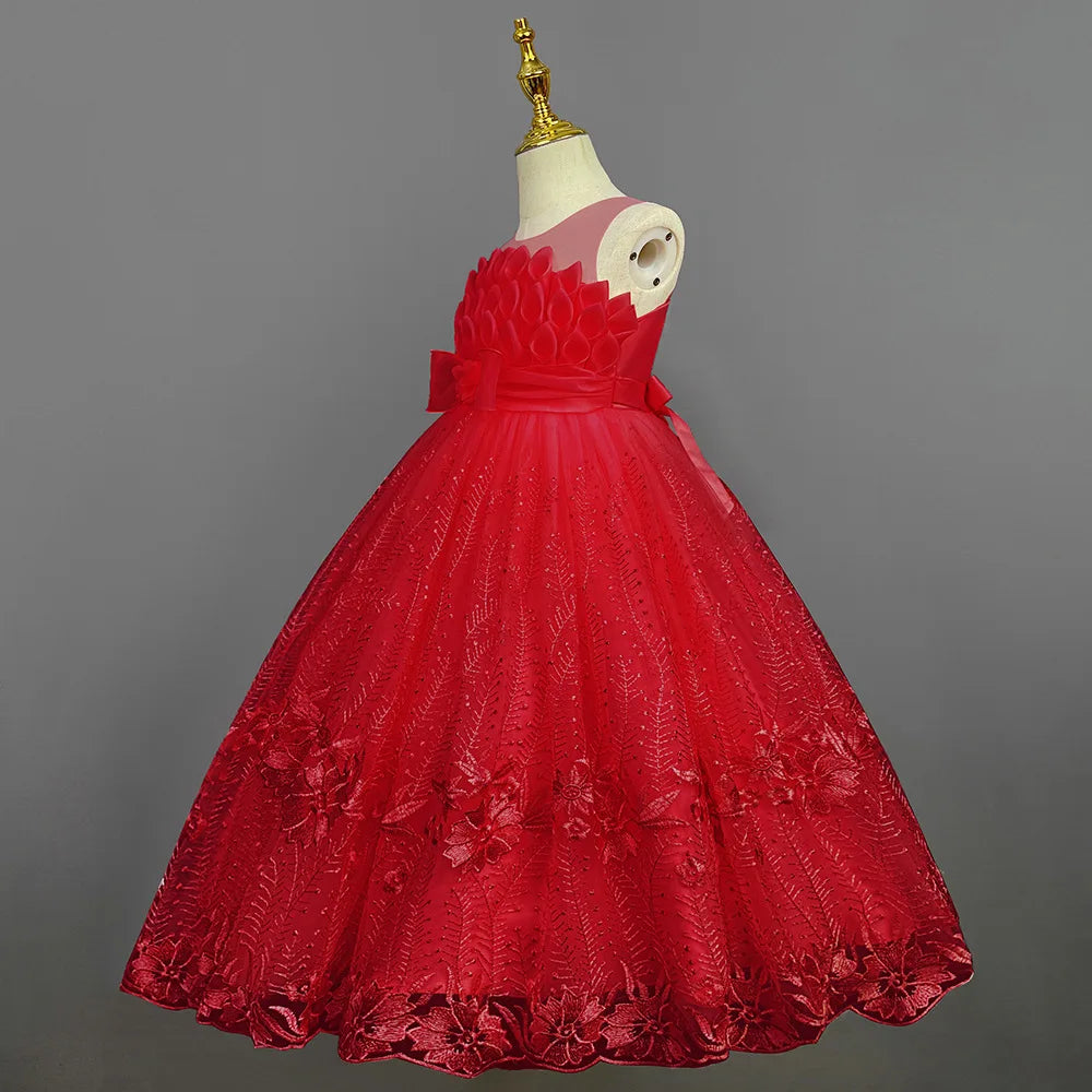 14T Kid Lotus Bud Solid Color No-Sleeve Lace Flower Skirt Organza Piano Costumes Evening Full Dress
