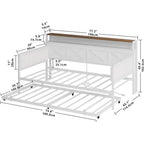 Upholstered Metal Daybed with Trundle, Twin Size Bed Frame, Farmhouse Style with Charging Station, White/Walnut