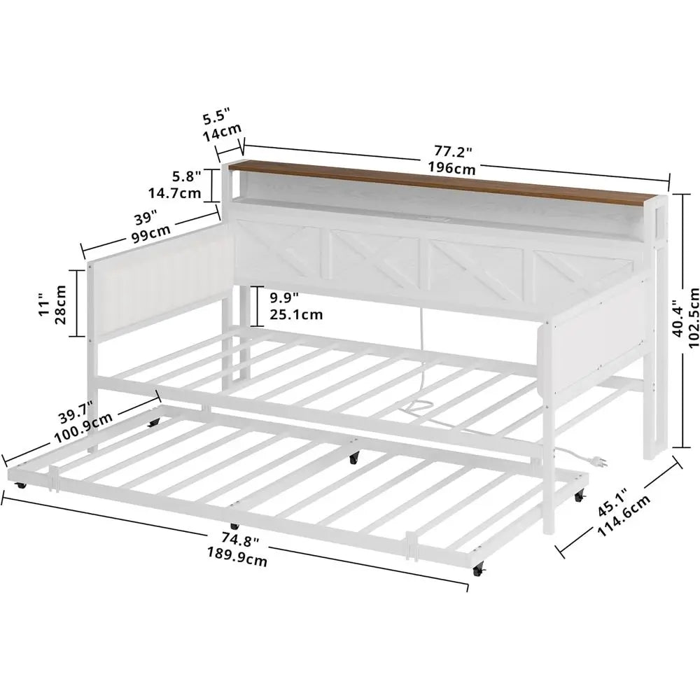 Upholstered Metal Daybed with Trundle, Twin Size Bed Frame, Farmhouse Style with Charging Station, White/Walnut