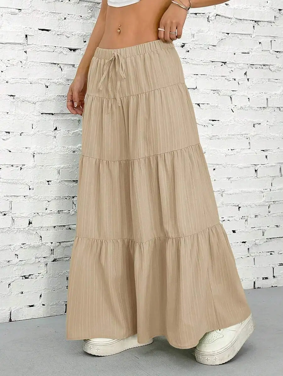 Flared Long Skirt Spring Summer Women Euro American Loose Tie Strap Splice Midi Skirt Light Soft Fabric Flowy Vacation Daily Casual Bottoms