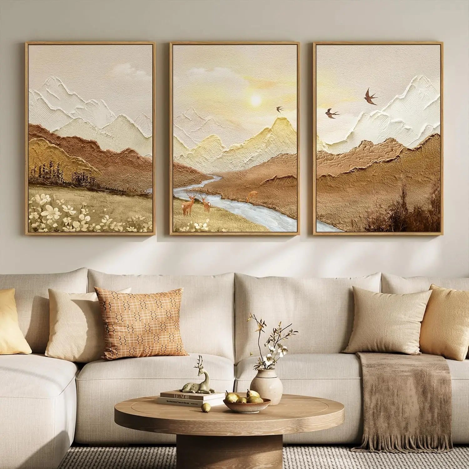 Set of 3 Framed Brown Neutral Sunset Mountain Landscape Canvas Wall Art Prints 24 X 36 Inch, Natural Scenery Artwork with River Deer Birds for Living Room Bedroom Office Indoor Home Wall Decor