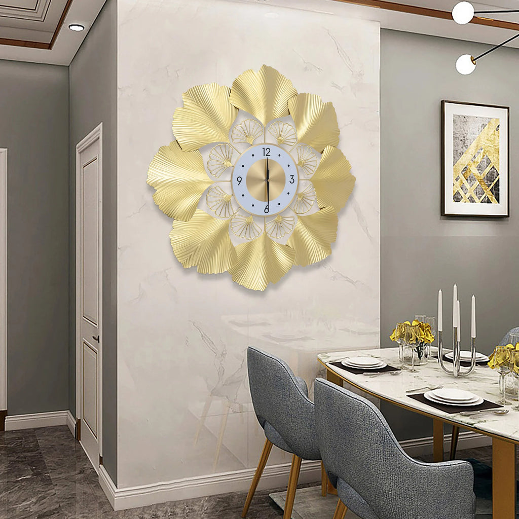 Ginkgo Biloba Wall Clock 70cm Large Nordic Light Luxury Design, White Gold Iron Silent Non-Ticking Battery Operated Living Room