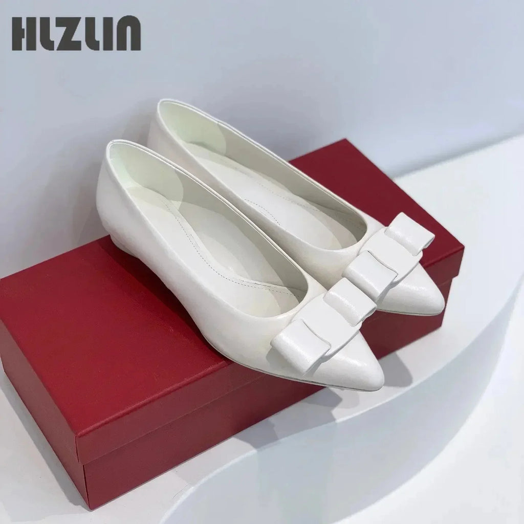 2026 Women's leather loafers, low-heeled moccasins with bows, light ballet flats spring and autumn