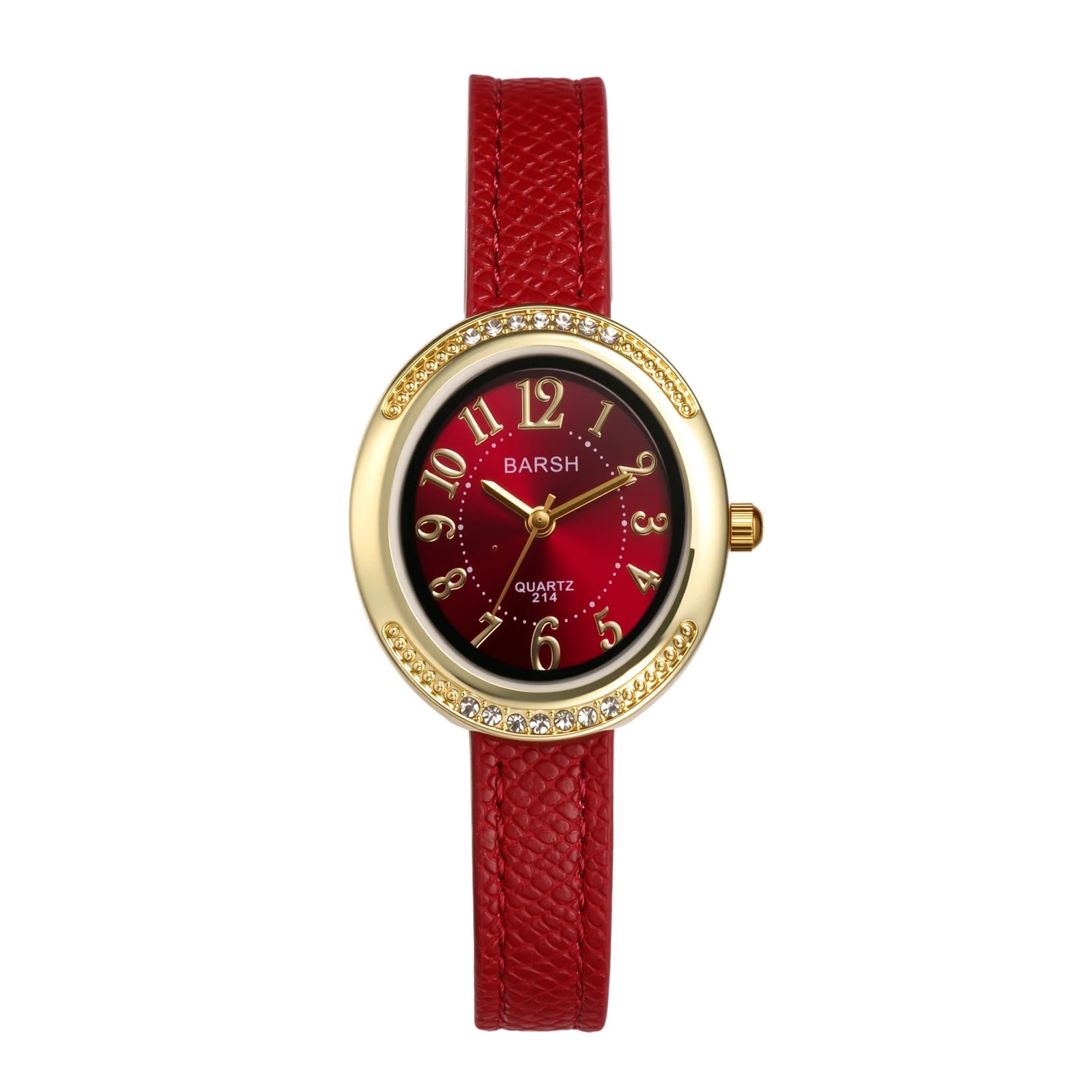Women's Small Dainty Oval Watch Rhinestone Crystal Studded Bezel PU Leather Band Strap Analog Quartz Wristwatch Arabic Numeral Black Red Dial Vintage Luxury Fashion Mini Cute Ladies Elegant Gift Birthday Christmas All Seasons