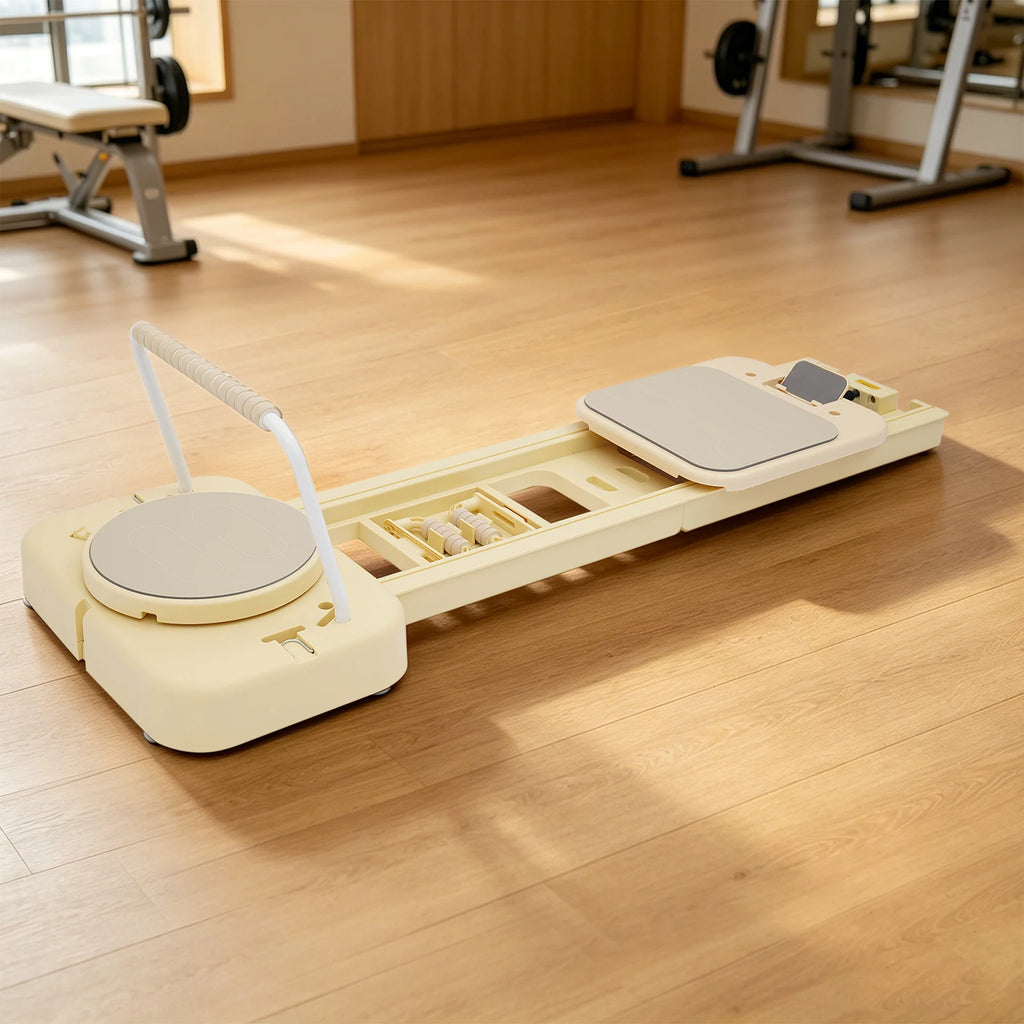 Foldable Pilates Fitness Board Portable with Tension Bands, Ab Wheel, Push-up Handles, Balance Board, Plank Stand, for Home Gym, Core Strength, Body Sculpting, Travel, Adjustable Resistance