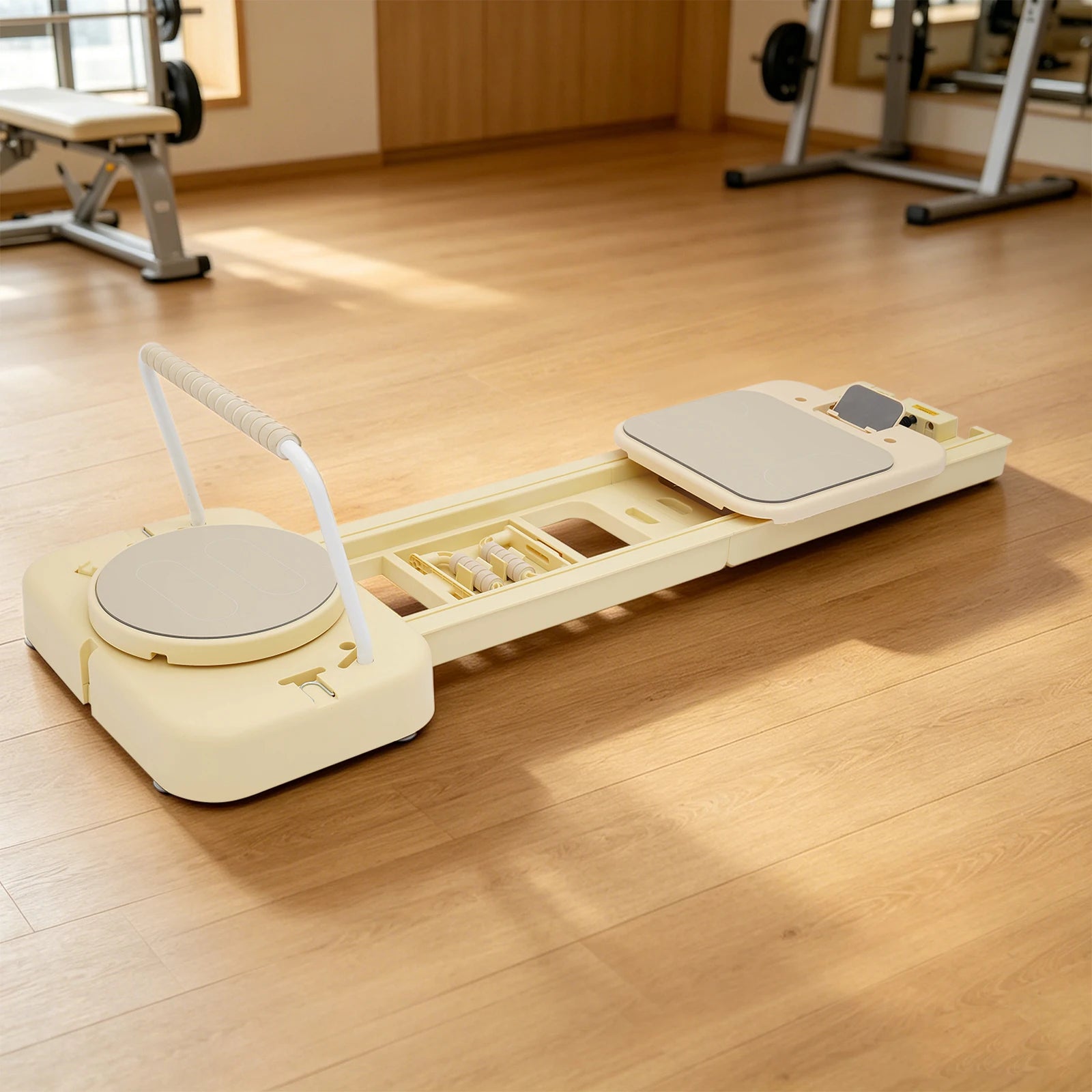 Foldable Pilates Fitness Board Portable with Tension Bands, Ab Wheel, Push-up Handles, Balance Board, Plank Stand, for Home Gym, Core Strength, Body Sculpting, Travel, Adjustable Resistance