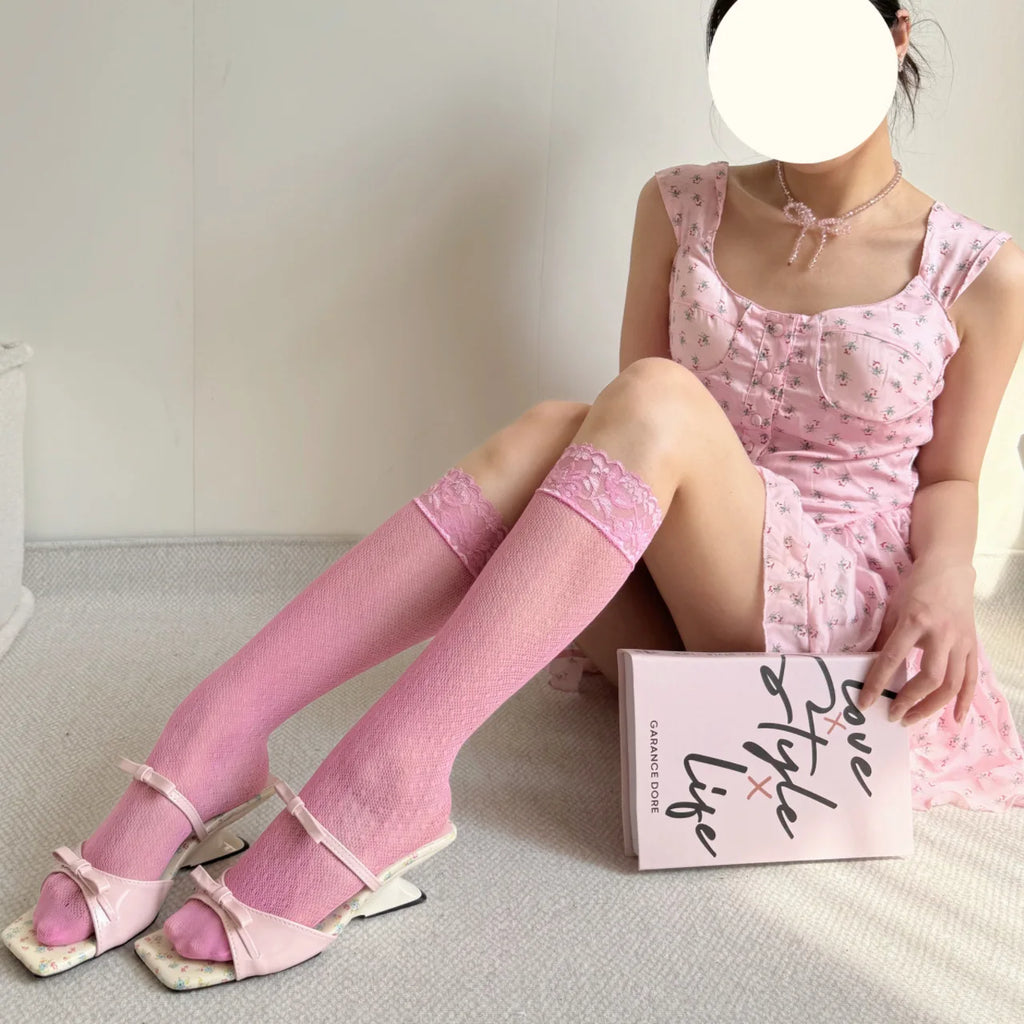 Sheer Lace Knee High Socks for Women, Y2K Coquette Kawaii Mesh Long Tube Socks, Breathable Stretchy Hosiery, 10 Colors to Choose.