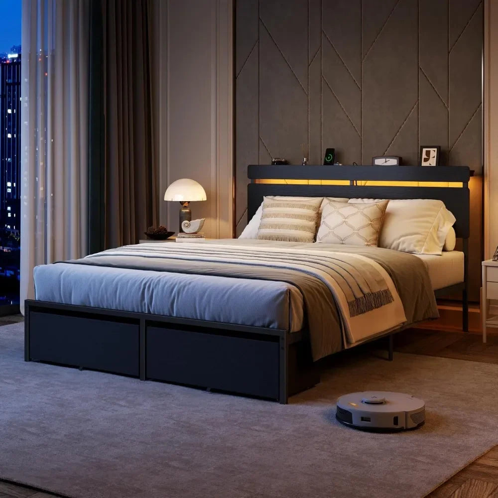 Queen Size Wooden Bed Frame with Headboard, Storage Drawers, Charging Station, LED Lights, Metal Support, No Box Spring Needed