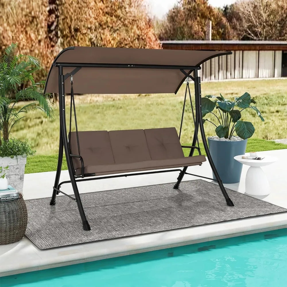 3-Seat Outdoor Porch Swing with Adjustable Canopy, Armrests, Metal Frame and Thickened Cushions for Garden, Poolside & Deck