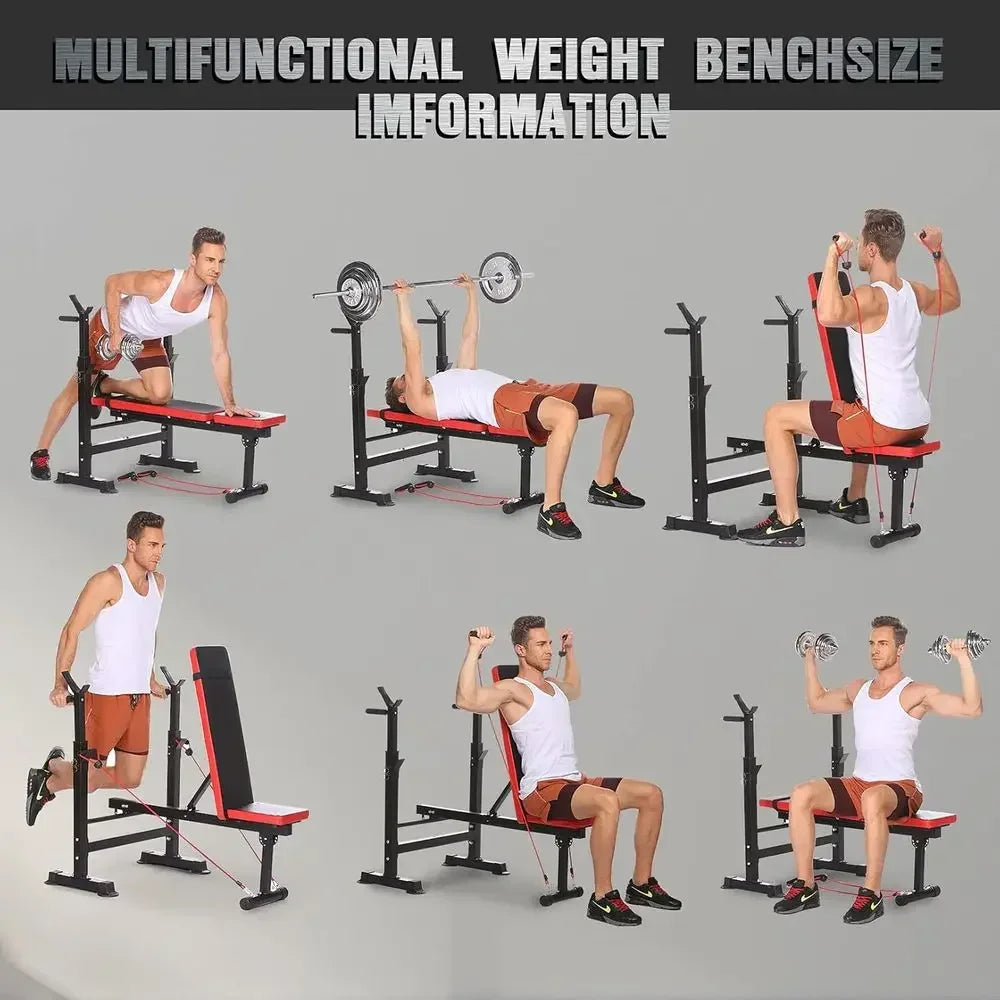 Red Adjustable Folding Weight Bench for Full Body Workouts with Bar Rack - Home Gym Equipment