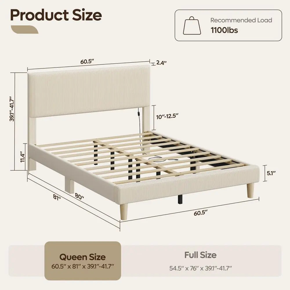 Queen Bed Frame with Headboard LED Lighting,Upholstered,Beige Easy Assembly,LED Lighting Headboard,No Squeaks,Vertical Channel