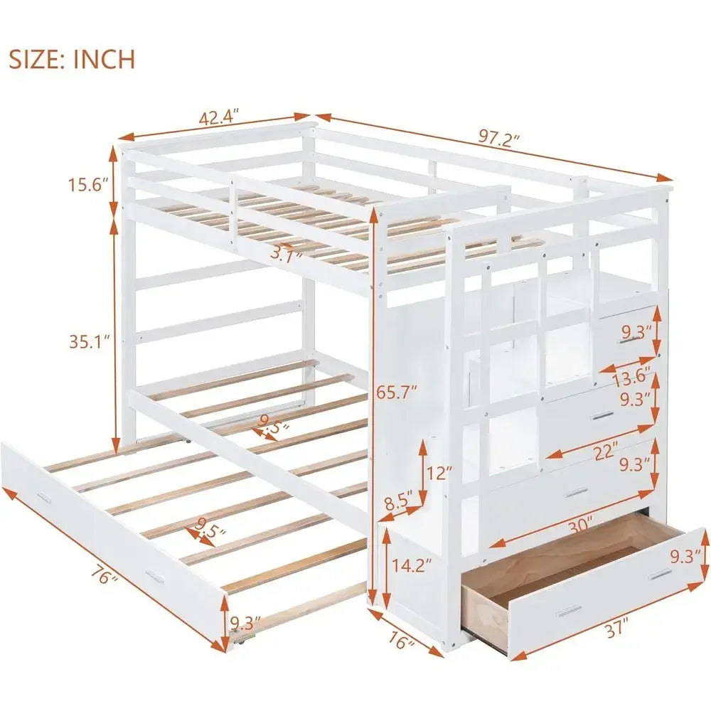Twin Over Twin Staircase Bunk Bed with Trundle, Triple Bunk Bed, Storage Stairs, Safety Rail, Drawers, Solid Wood, Bedroom Set,