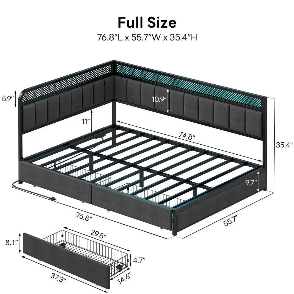 Full Corner Bed Frame with Storage Drawers and Charging Station, Modern Full Daybed with LED Lights and Upholstered Guardrail,