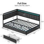 Full Corner Bed Frame with Storage Drawers and Charging Station, Modern Full Daybed with LED Lights and Upholstered Guardrail,