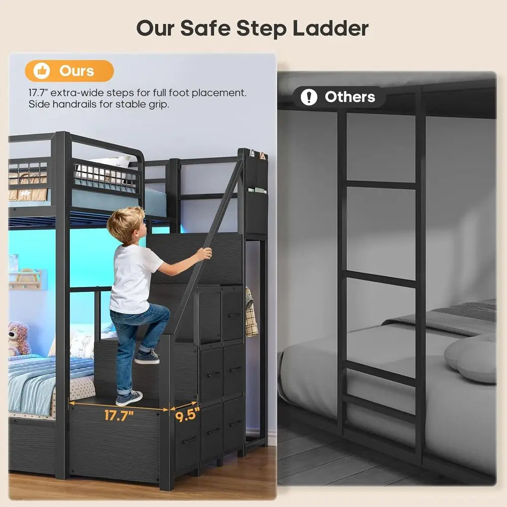 BTHST Bunk Bed Twin Over Twin with Stairs, LED Lights Twin Bunk Bed with 2 Storage Ders & 6 abric Ders, Metal Twin Lot Beds with