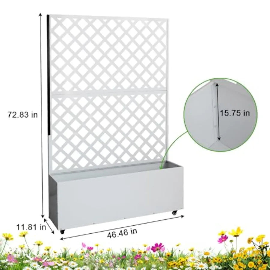 Metal Planter Box with Trellis 73"x47"x12" Raised Garden Bed with Trellis and Wheels Outdoor Garden Box with Privacy Screen and