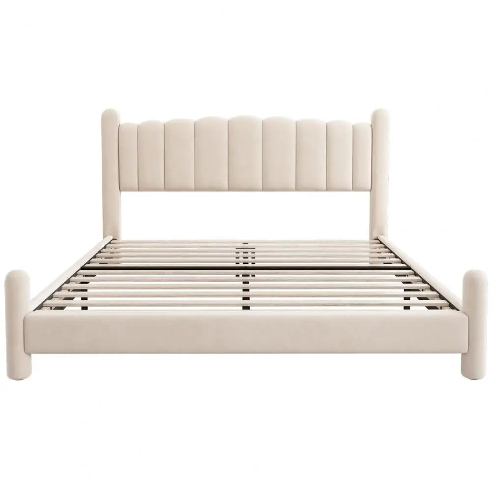 King Size Velvet Upholstered Platform Bed with Tall Headboard Slatted Frame Wingback Design Beige 180x200cm