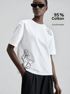 White Embroidered Floral Tee Short Sleeve Crew Neck Loose Comfortable Cotton T-Shirt