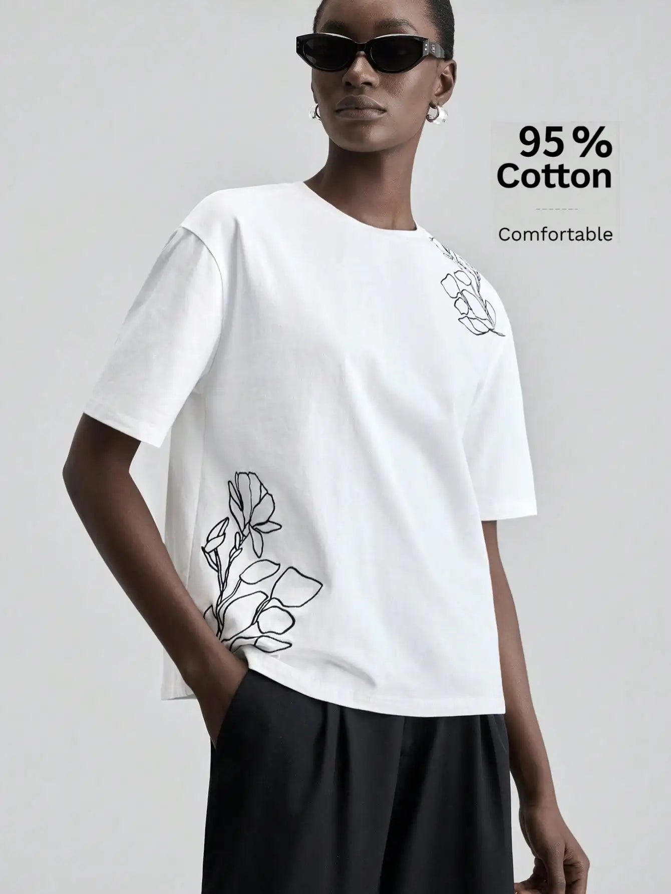 White Embroidered Floral Tee Short Sleeve Crew Neck Loose Comfortable Cotton T-Shirt